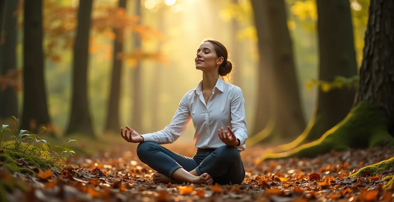 Einzelperson in achtsamer Meditation im Wald ohne Leistungsdruck