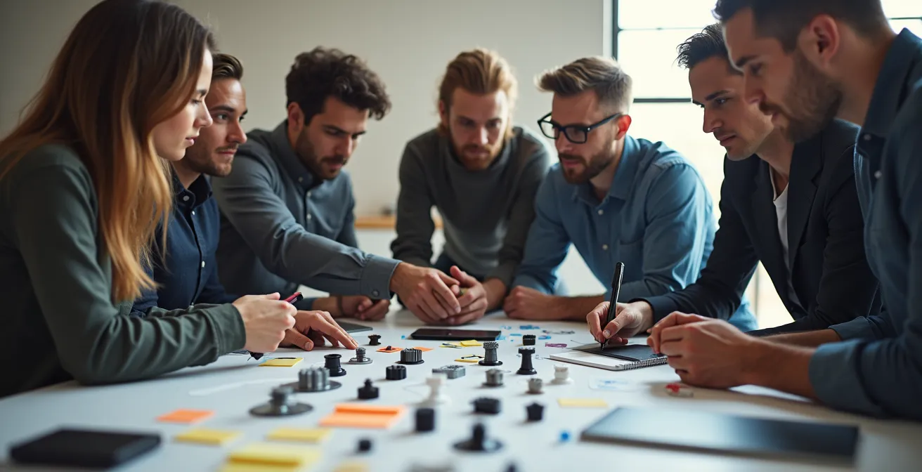 Team bei Sprint Planning mit physischen Prototypen und digitalem Board