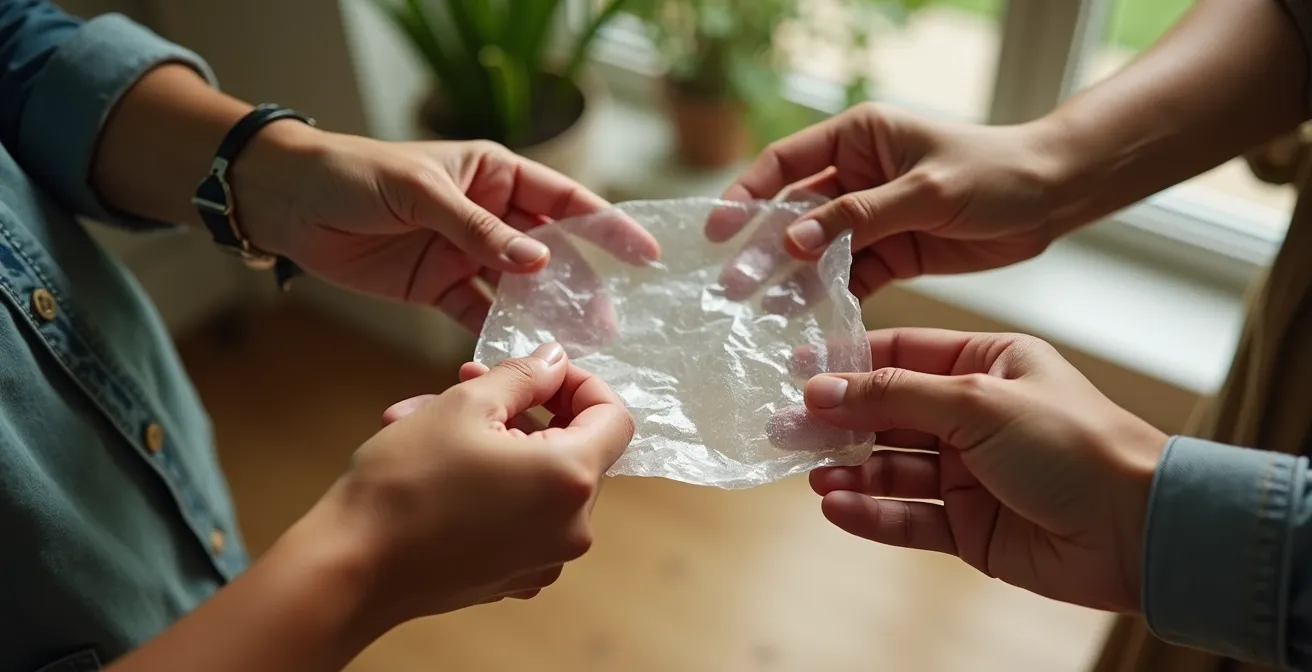 Nahaufnahme von Händen die ein transparentes Materialprodukt untersuchen