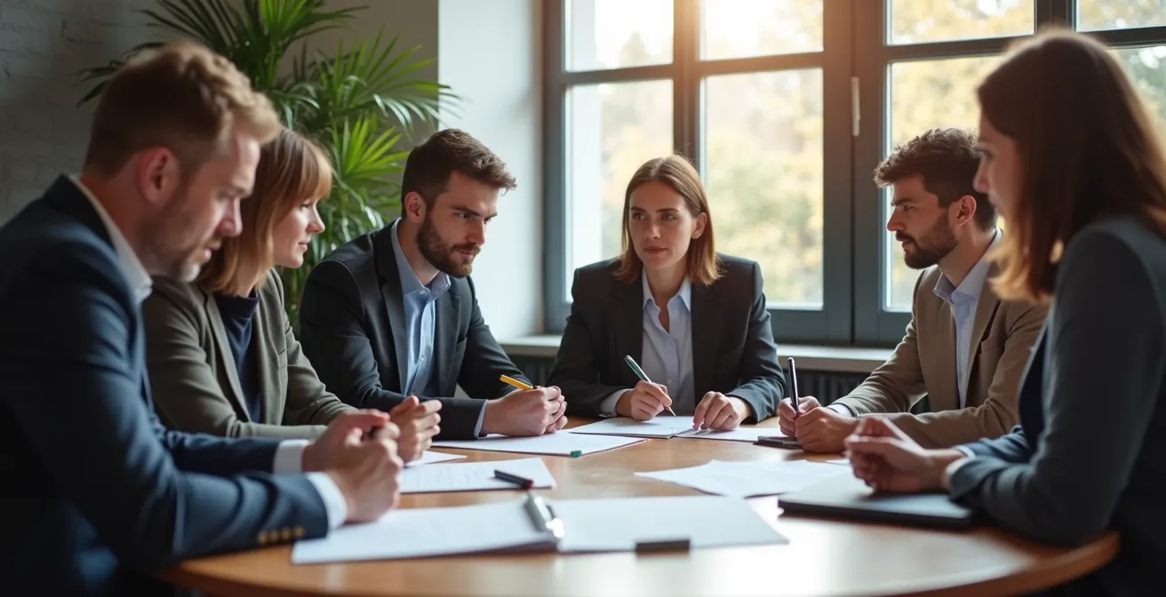 Steuerkreis Gesundheit Meeting mit Betriebsrat und Führungskräften, die kollaborativ an einem Tisch sitzen.