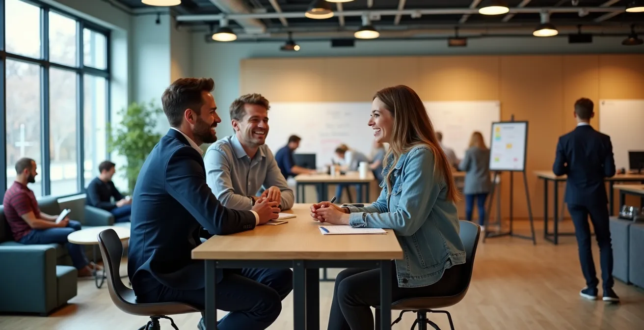 Modernes Bürokonzept mit flexiblen Zonen für verschiedene Arbeitsaktivitäten