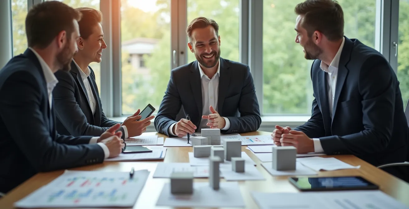 Strategische Planungssitzung mit Geschäftsführern um einen großen Konferenztisch mit Architekturmodellen