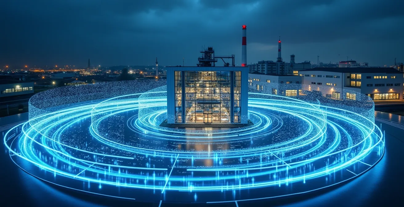 Digitaler Schutzwall aus Datenströmen um eine moderne deutsche Industrieanlage herum
