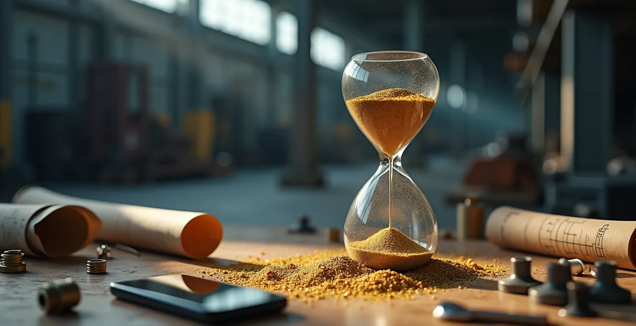 Visualisierung des demografischen Wandels im deutschen Mittelstand durch eine Sanduhr, die Wissenstransfer symbolisiert.
