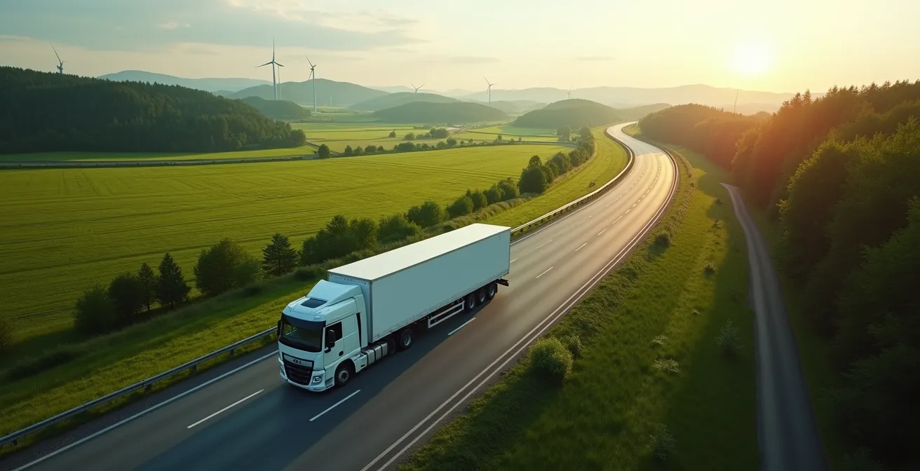 Luftaufnahme eines E-LKW auf deutscher Autobahn mit grüner Landschaft
