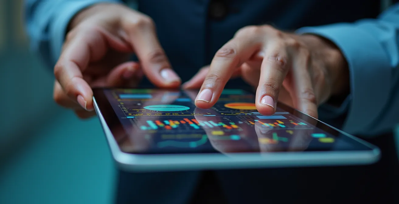 Nahaufnahme eines Mitarbeiters, der ein persönliches Gesundheitsdashboard auf einem Tablet nutzt und die Kontrolle über seine Daten hat.