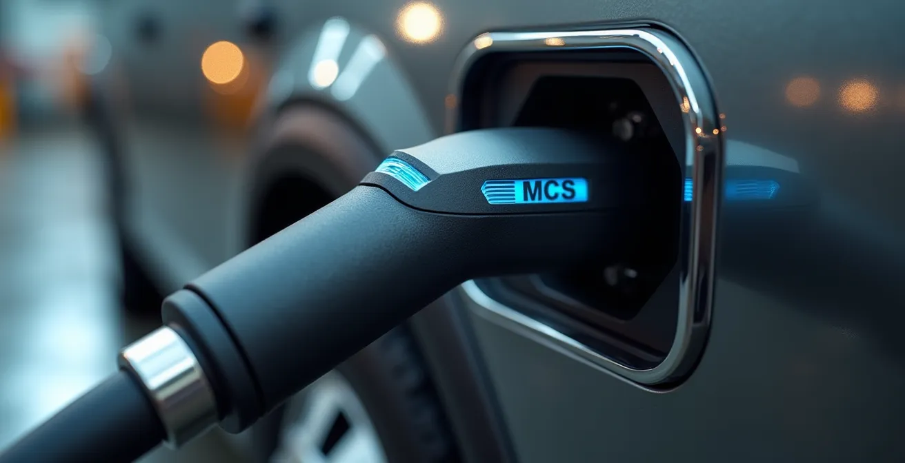 Makroaufnahme einer Hochleistungs-Ladesteckverbindung für Elektro-LKW