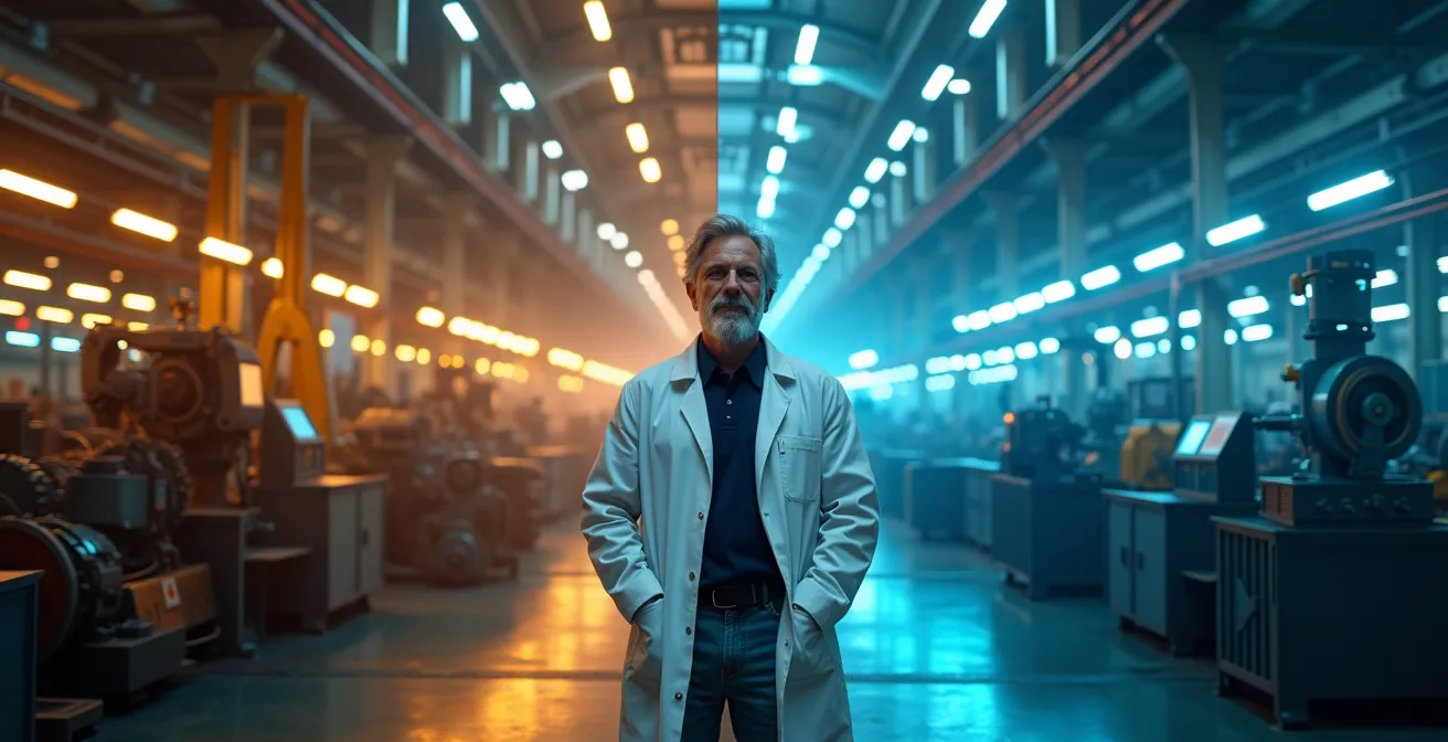 Deutscher Ingenieur zwischen traditioneller Fabrik und digitaler Zukunft