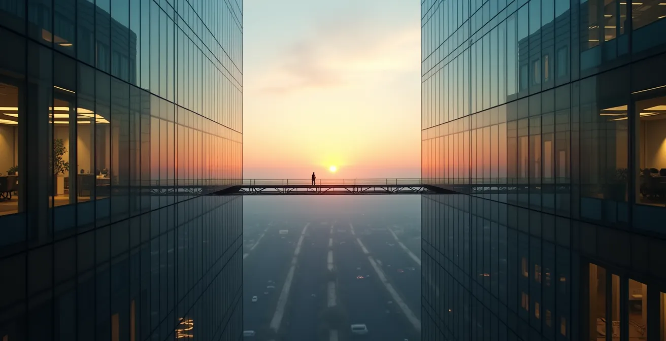 Visualisierung der Finanzierungslücke zwischen Labor und Markt als tiefe Schlucht zwischen einem Laborgebäude und einem Bürogebäude.