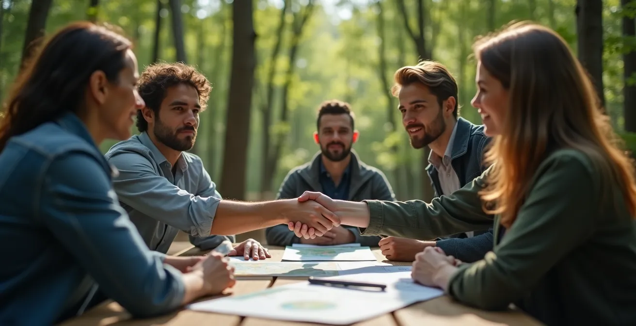 Geschäftsleute und Naturschützer bei einer Projektbesprechung im Wald, die sich die Hände reichen.