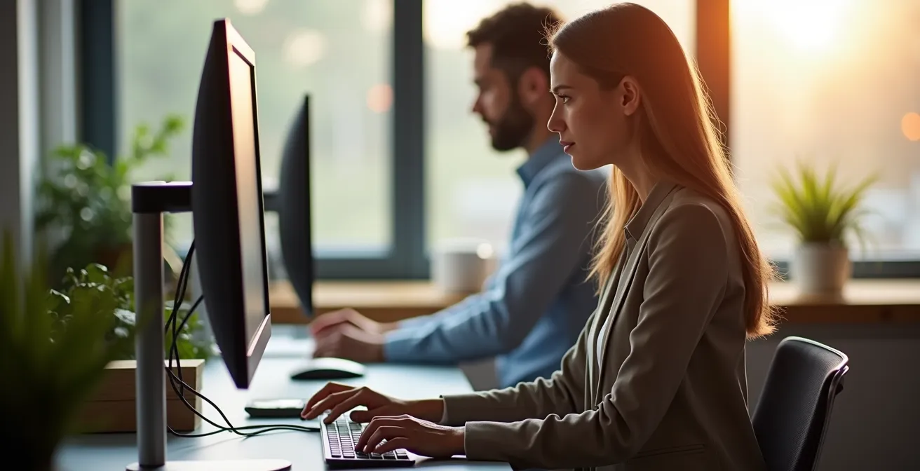Mitarbeiter bei der Nutzung ergonomischer Technologie am Arbeitsplatz