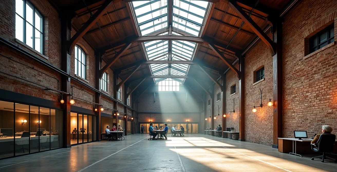 Umgenutzte historische Industriearchitektur mit modernen Arbeitsbereichen, die Tradition und Innovation verbinden