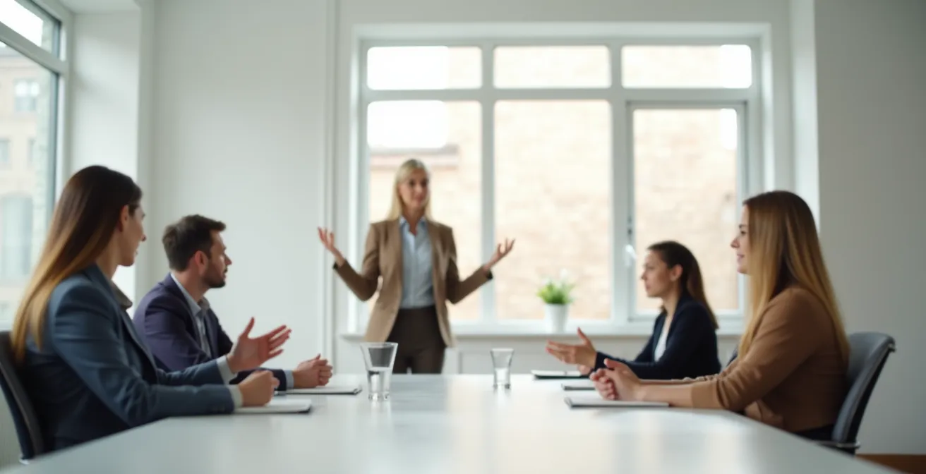 Weitwinkelaufnahme eines inklusiven Meetings mit Gebärdensprachdolmetscher