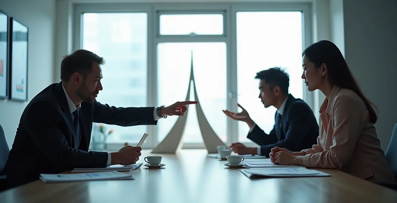 Geschäftstreffen zwischen deutschen und asiatischen Partnern mit nonverbaler Kommunikation