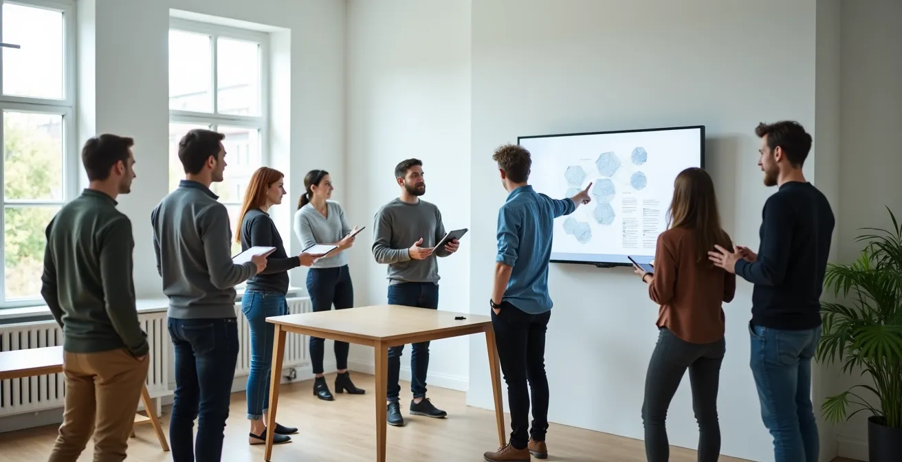 Diverse Mitarbeitergruppe in einem interaktiven KI-Workshop