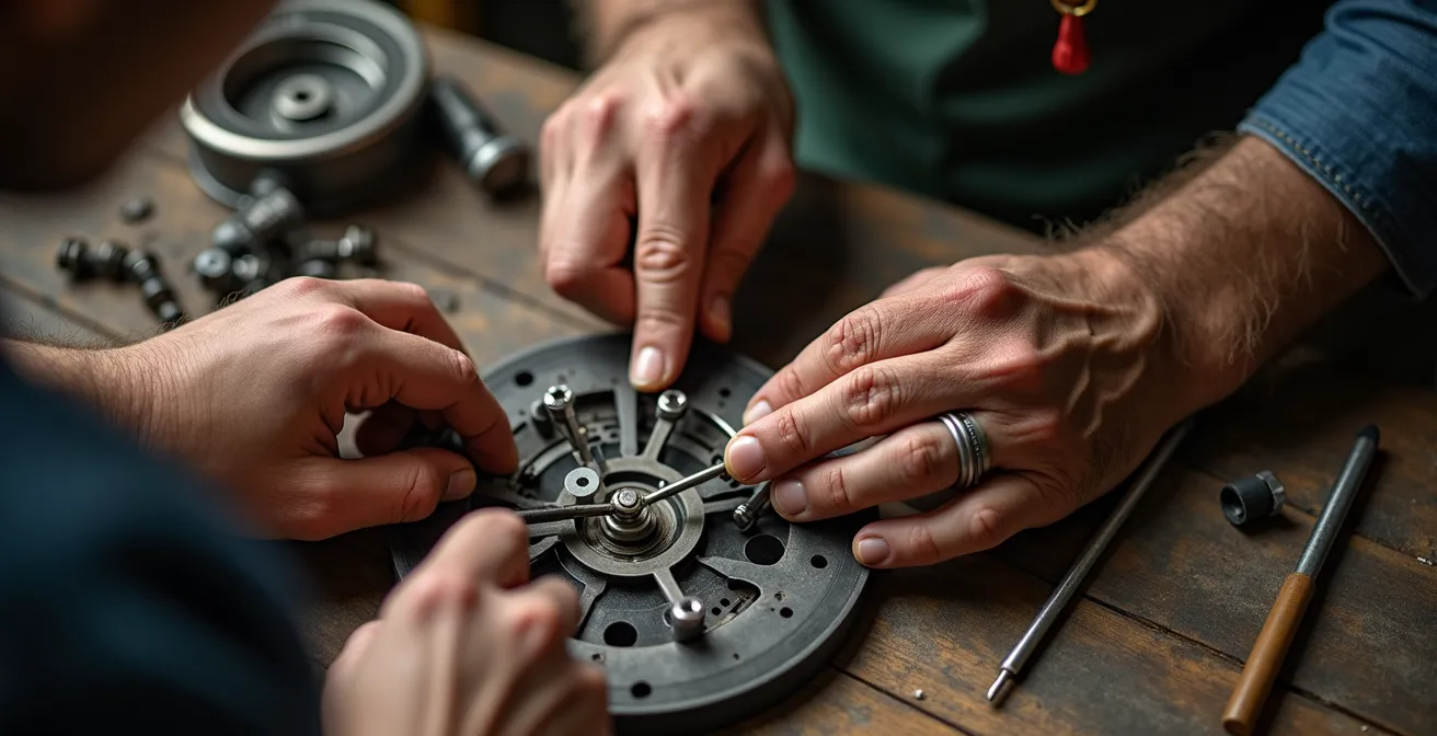 Moderner Wissenstransfer zwischen einem erfahrenen Meister und einem jungen Gesellen, die gemeinsam an einem präzisen Werkstück arbeiten.