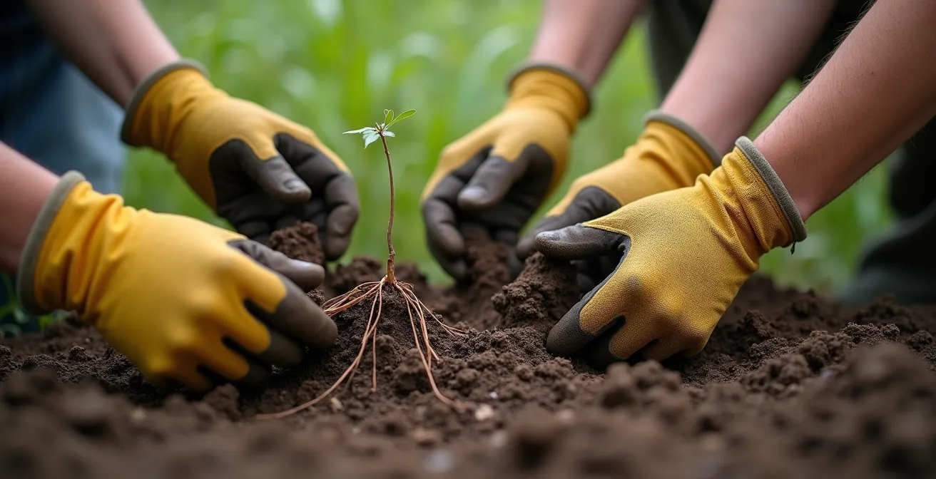 Gruppe von Firmenmitarbeitern bei der praktischen Naturschutzarbeit in einem Moorgebiet, die gemeinsam Pflanzen setzen.
