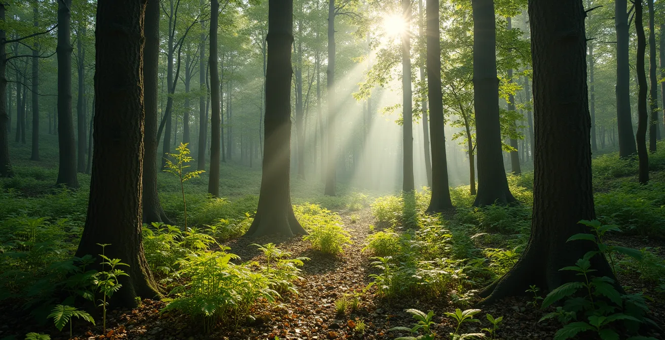 Weitwinkelaufnahme eines vielfältigen Mischwaldes mit unterschiedlichen Baumarten und Höhenstufen