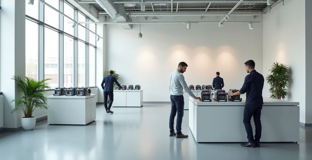 Visualisierung der Transformation vom klassischen Verkauf zum Service-Modell mit modularen Maschinenkomponenten in einem modernen Büro