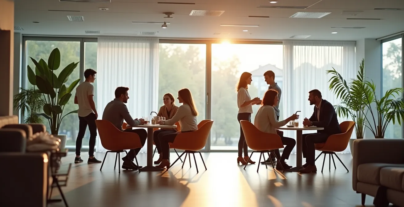 Mitarbeitende verschiedenen Alters in vertrauensvollem Austausch im Pausenraum