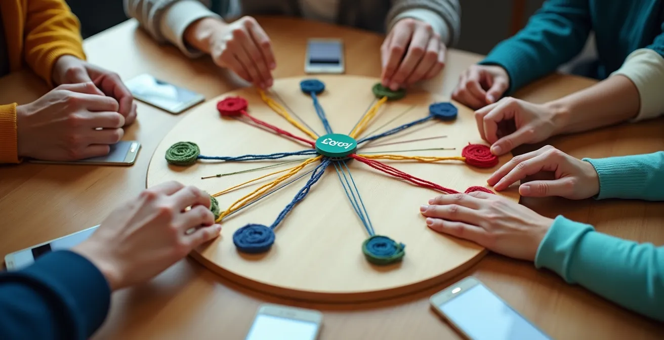 Visuelle Purpose Map zeigt durch farbige Fäden die Verbindung zwischen einzelnen Team-Beiträgen und dem zentralen Unternehmenszweck.