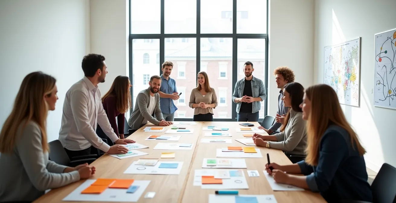 Workshop-Teilnehmer entwickeln gemeinsam ein authentisches Purpose-Statement mithilfe von bunten Moderationskarten in einem hellen Raum.