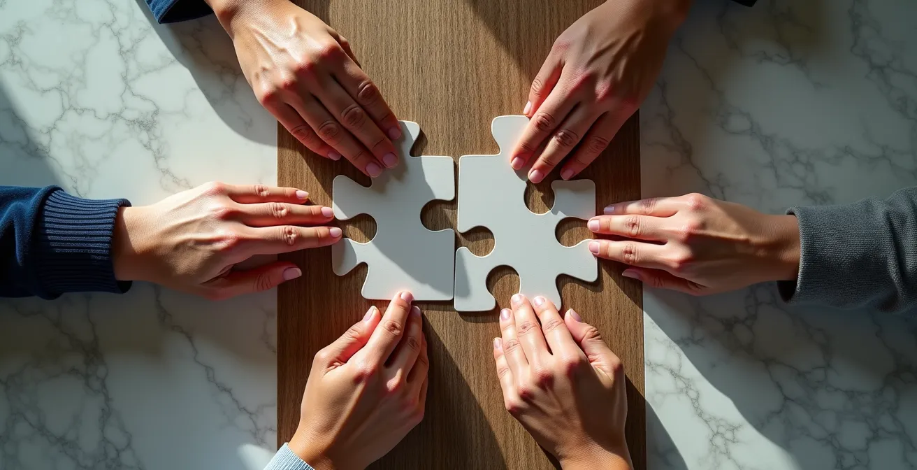 Hybrides Arbeitsmodell mit vernetzten Mitarbeitern in verschiedenen Umgebungen