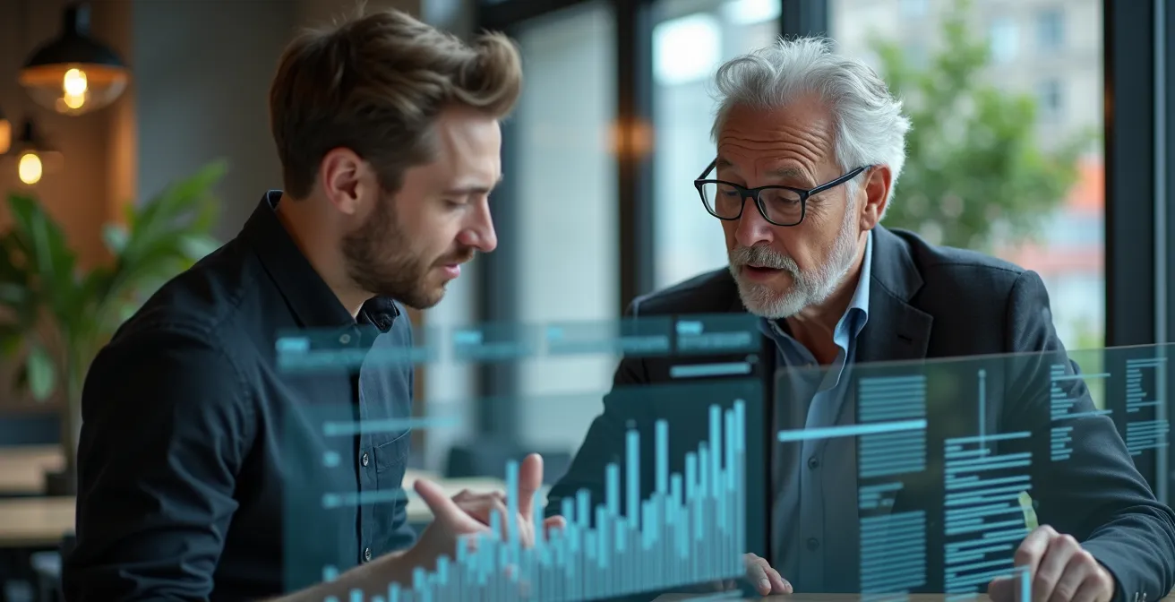 Junger Datenanalyst und erfahrener Mitarbeiter arbeiten gemeinsam am Computer