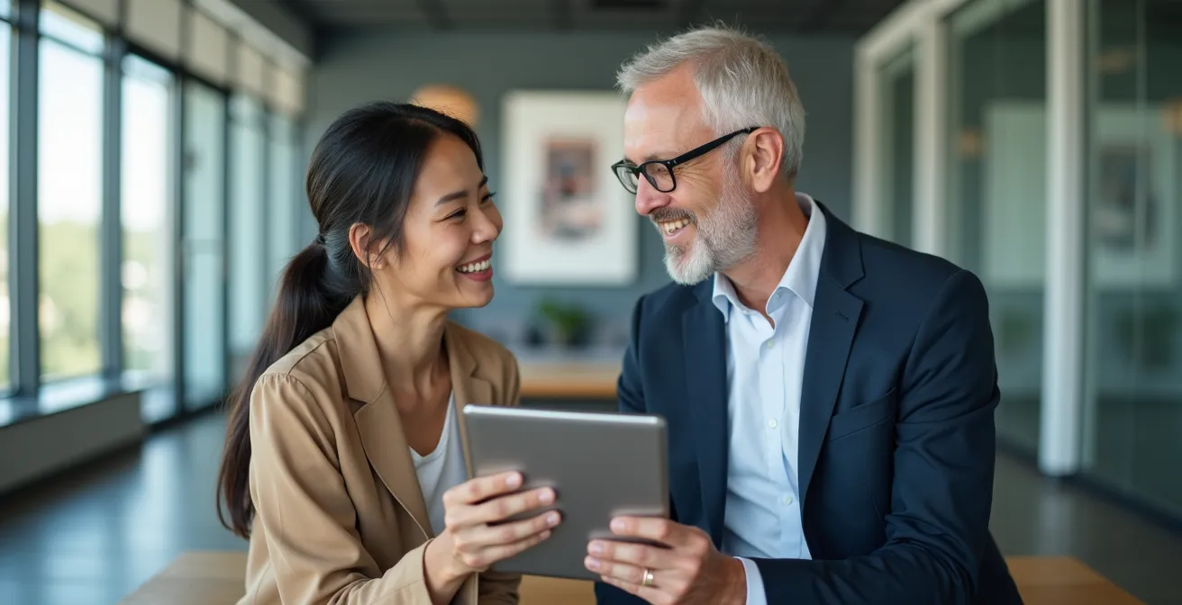 Junge internationale Mitarbeiter im Austausch mit erfahrenen deutschen Führungskräften in einem modernen Büro