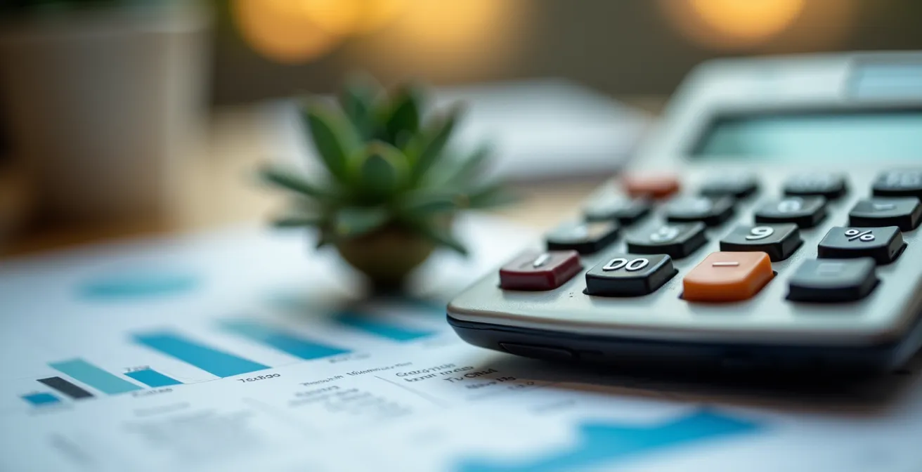 Detailaufnahme von Finanzunterlagen mit Taschenrechner und grünen Pflanzenelementen