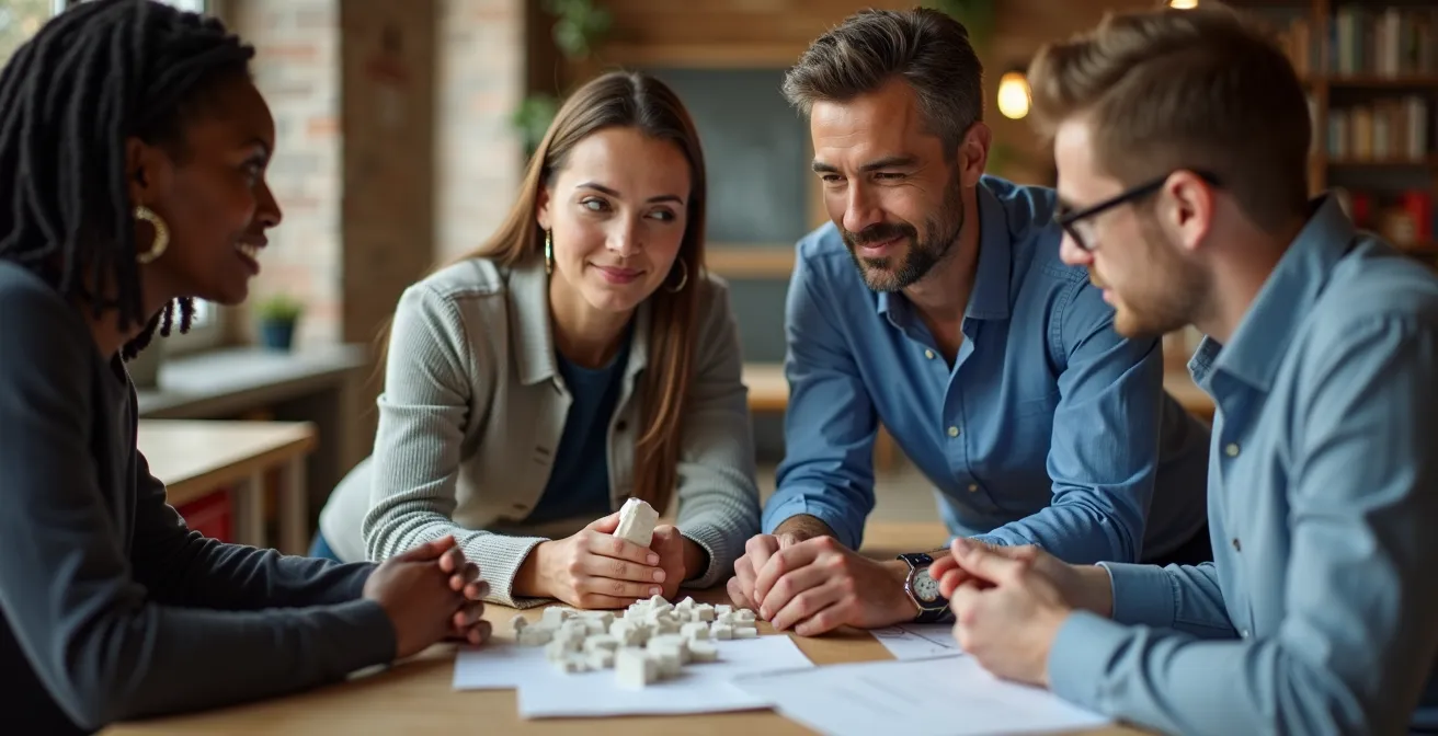 Ein Team von engagierten Mitarbeitern, die ihre Fachkompetenzen im Rahmen eines Corporate-Volunteering-Projekts teilen.