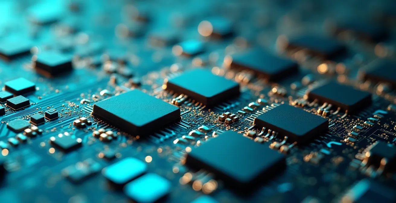 Makroaufnahme von Mikrochips in verschiedenen Entwicklungsstufen, die Technologiereifegrade symbolisieren