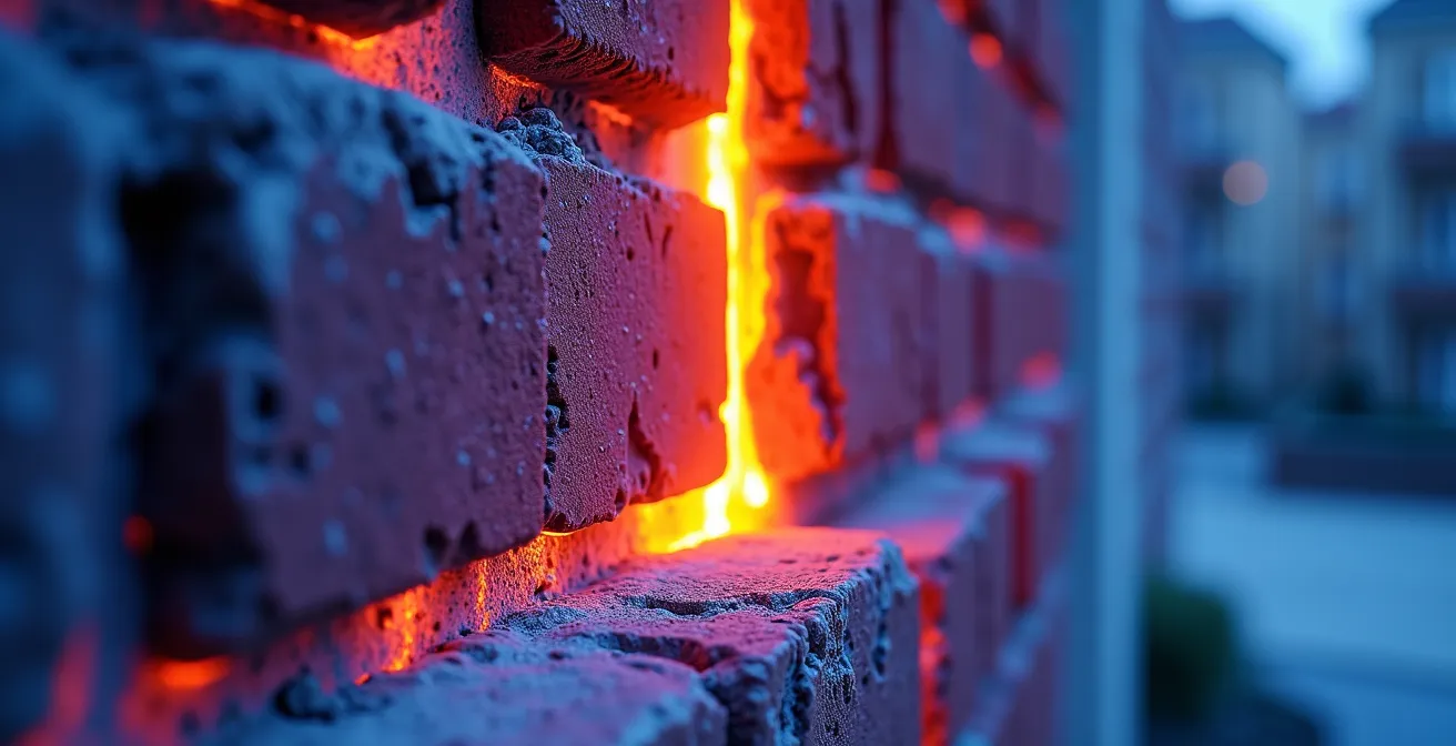 Thermografieaufnahme zeigt Wärmeverluste an Gebäudefassade