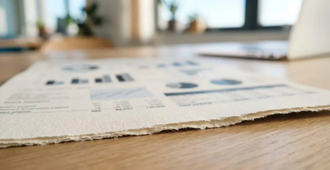 Extreme Nahaufnahme eines gedruckten Immobilienbewertungsberichts mit Grafiken und Datentabellen (Text vollständig unscharf), auf modernem Schreibtisch liegend, geringe Schärfentiefe