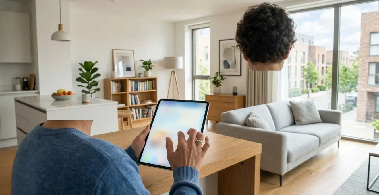 Person nutzt Tablet für Immobilienbewertung zuhause, Über-Schulter-Perspektive zeigt Finger auf Bildschirm (Bildschirm vollständig unscharf), authentische häusliche Umgebung