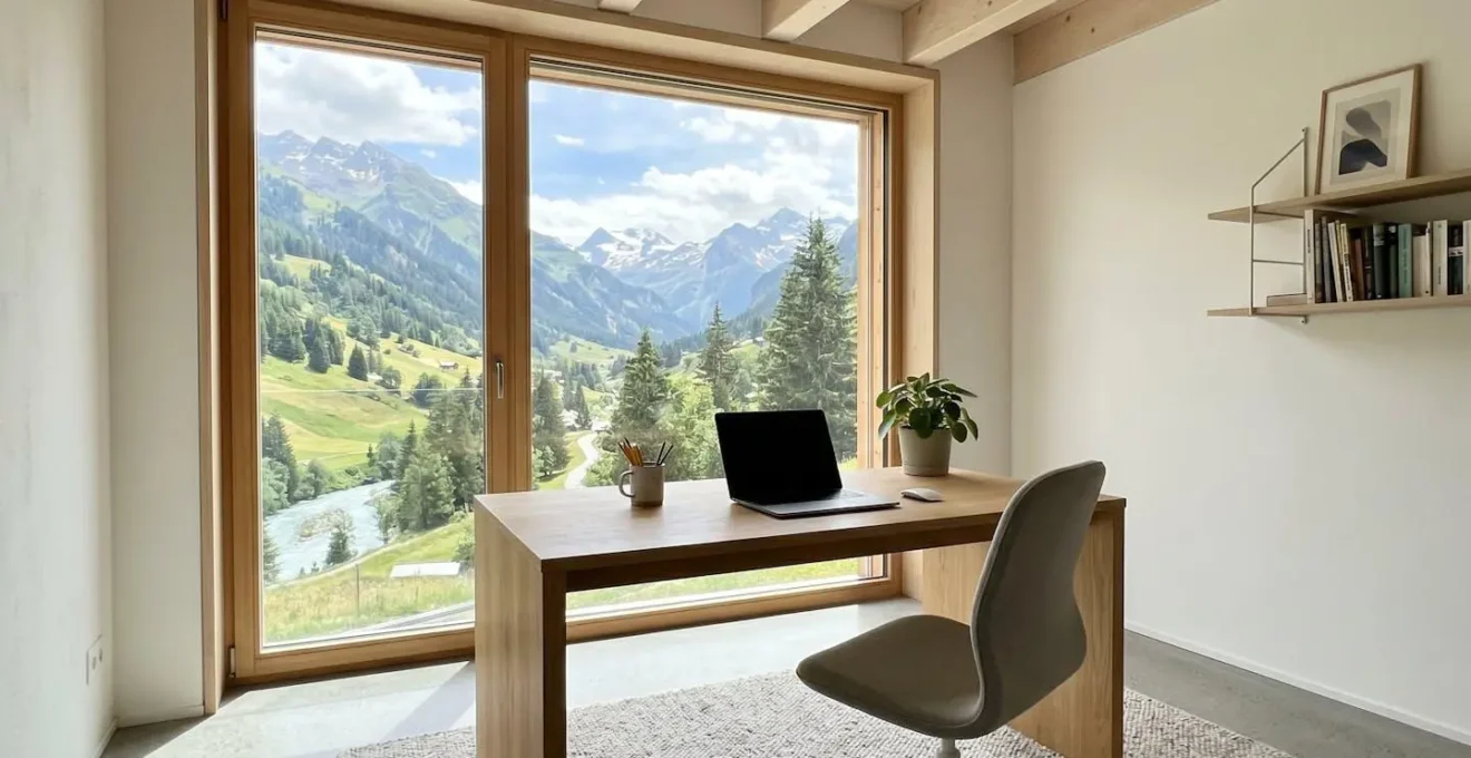 Helles Schweizer Homeoffice mit grossem Fenster und Blick auf Alpenpanorama, aufgeräumter Schreibtisch mit geschlossenem Laptop, zeitgenössisches Interior Design