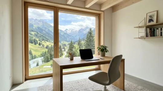 Helles Schweizer Homeoffice mit grossem Fenster und Blick auf Alpenpanorama, aufgeräumter Schreibtisch mit geschlossenem Laptop, zeitgenössisches Interior Design